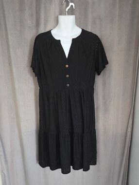 NWT XXL (Fits Ptp 21") Black Eyelet Tiered Midi Dress with Button Front Detail